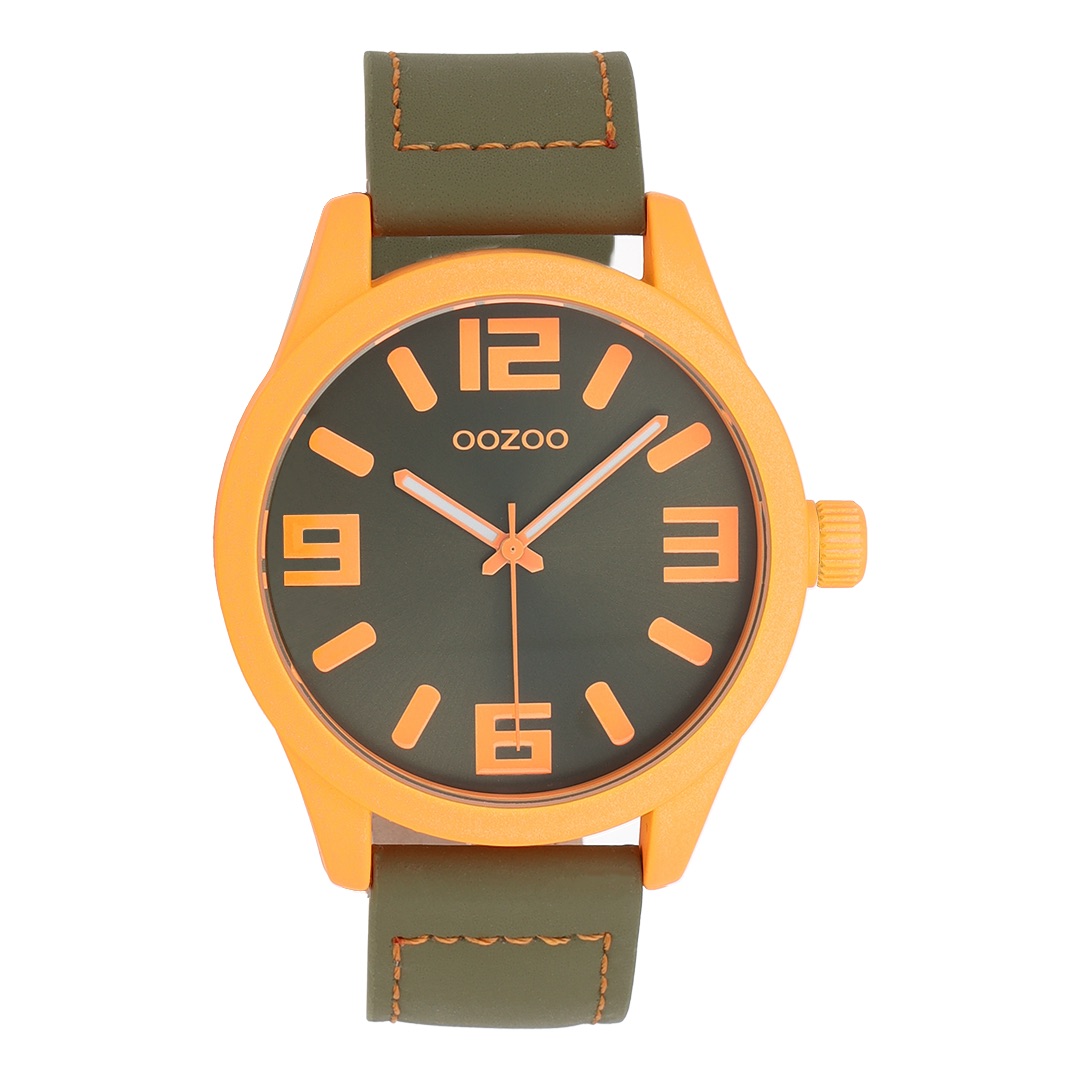 Orange coloured OOZOO watch with olive leather strap